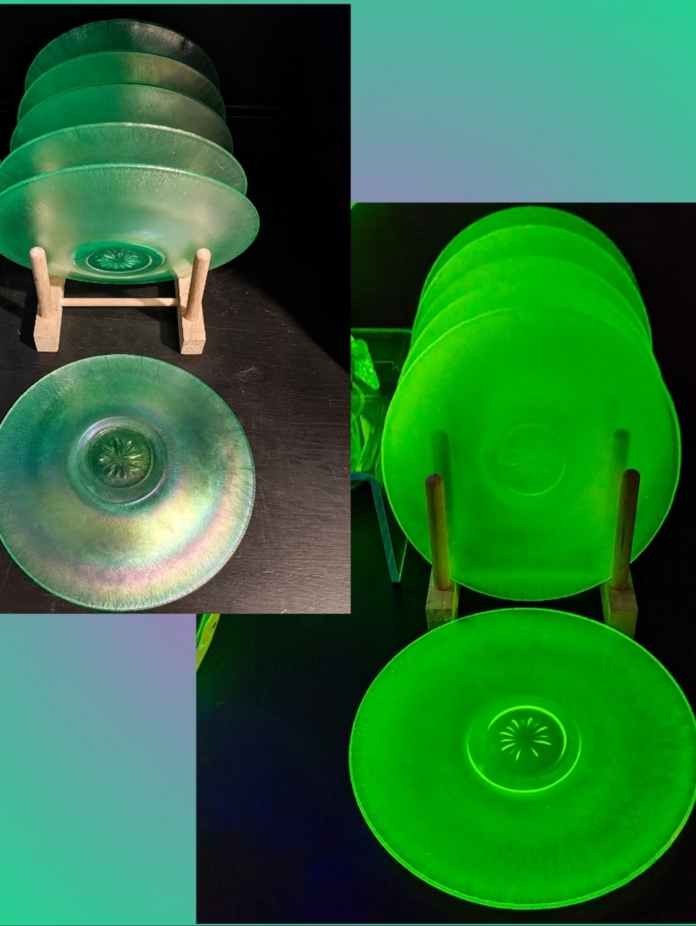 Antique Iridescent Uranium Stretch Glass Plate Set